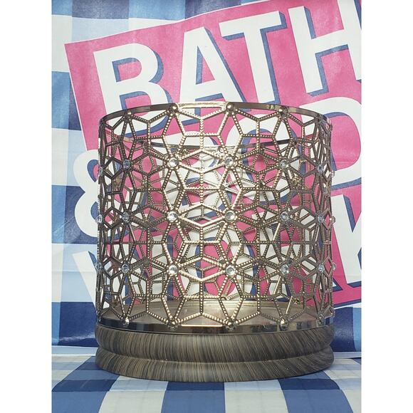 BBW Gold Geo Bling Floral Design With Wood Base Large 3 Wick Candle Holder Decor - Picture 1 of 2